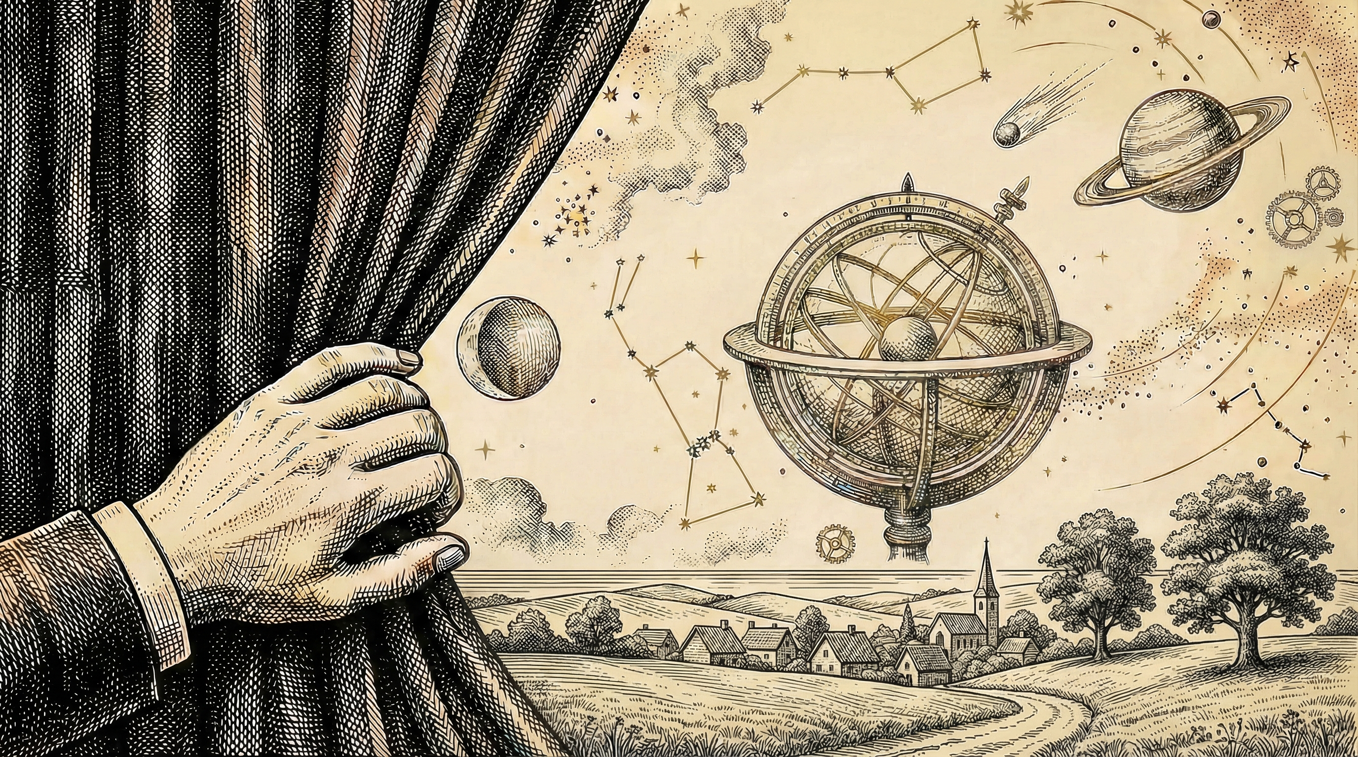 A hand pulling back a curtain to reveal constellations and celestial machinery, vintage crosshatch engraving